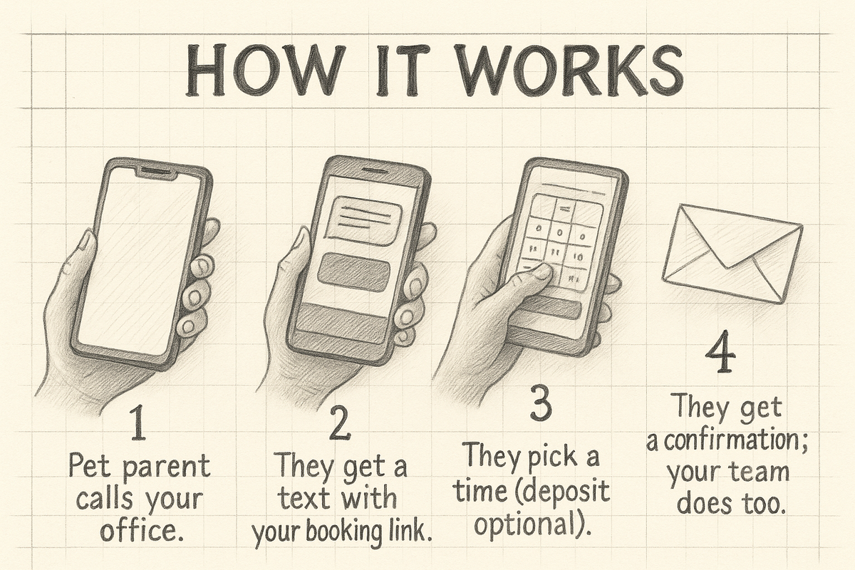 Missed a call? We text your pet owner—and help book the appointment.